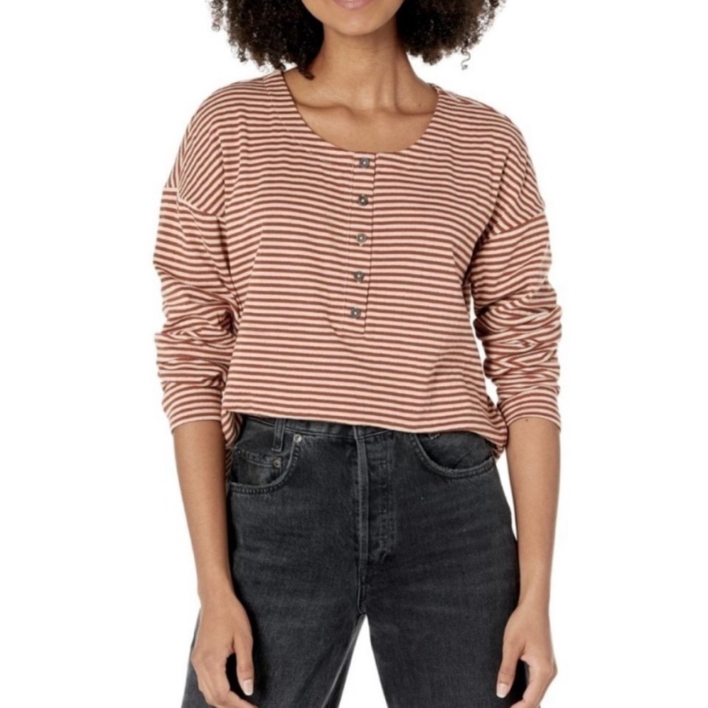 Madewell Women's Double-Faced Henley Tee Stripe Long Sleeve in Dusty Redwood XXL